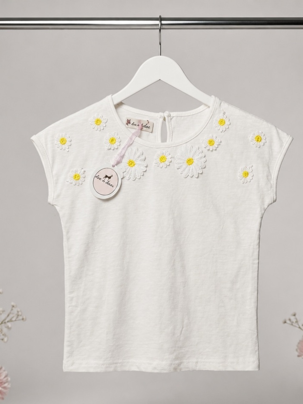 NWT Doe A Dear Girls White Cap Sleeve Top Embroidered Sunflower Neckline Size 6